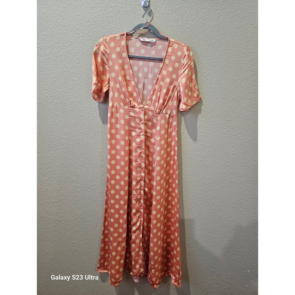 Zara, szXS, light pink/tangerine with pale yellow polka dots dress